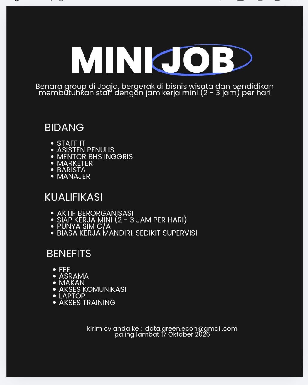 Poster lowongan Benara group