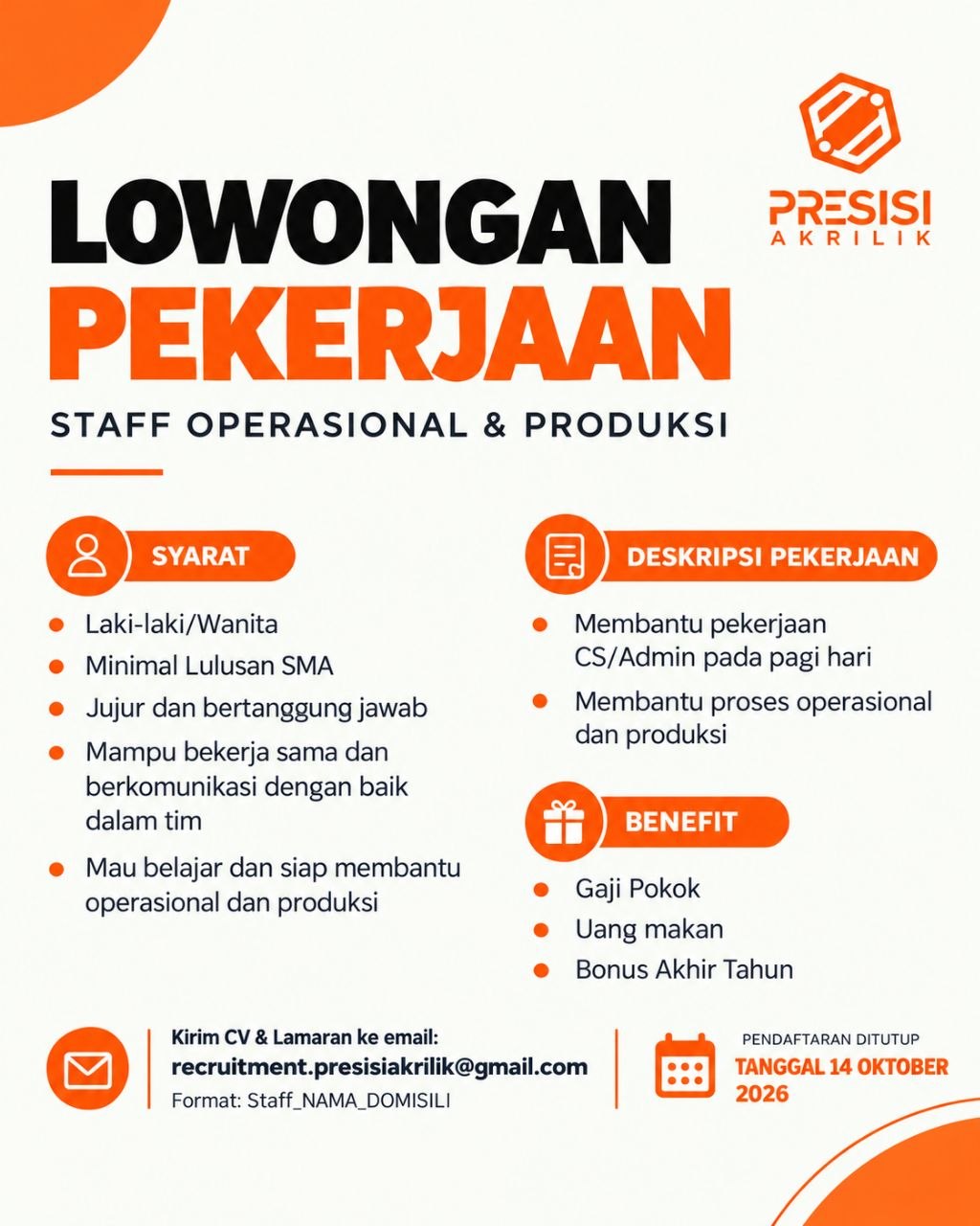 Poster lowongan PRESISI AKRILIK