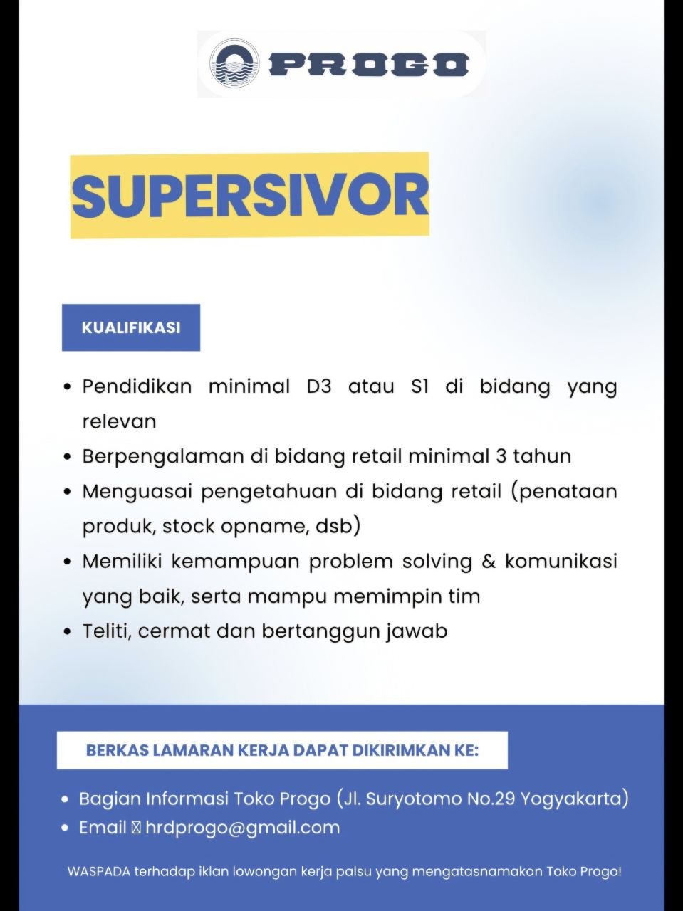 Poster lowongan Toko Progo
