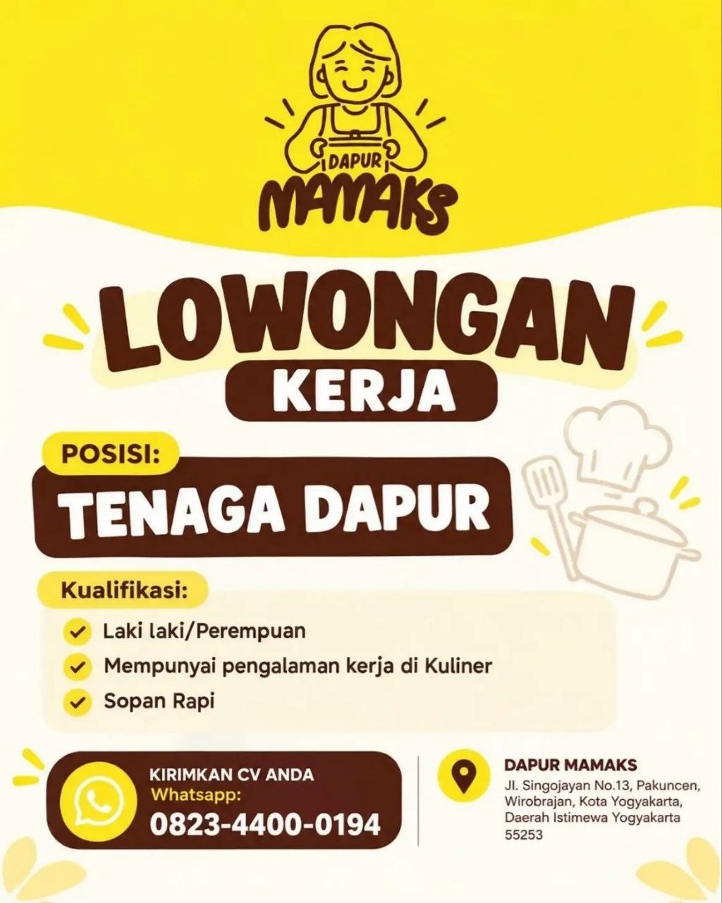 Poster lowongan Dapur Mamaks