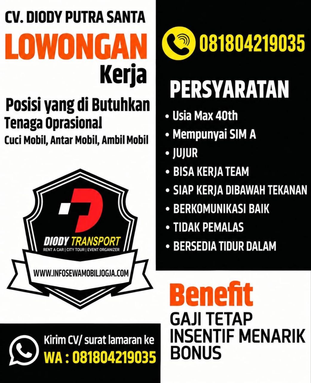 Poster lowongan CV. DIODY PUTRA SANTA
