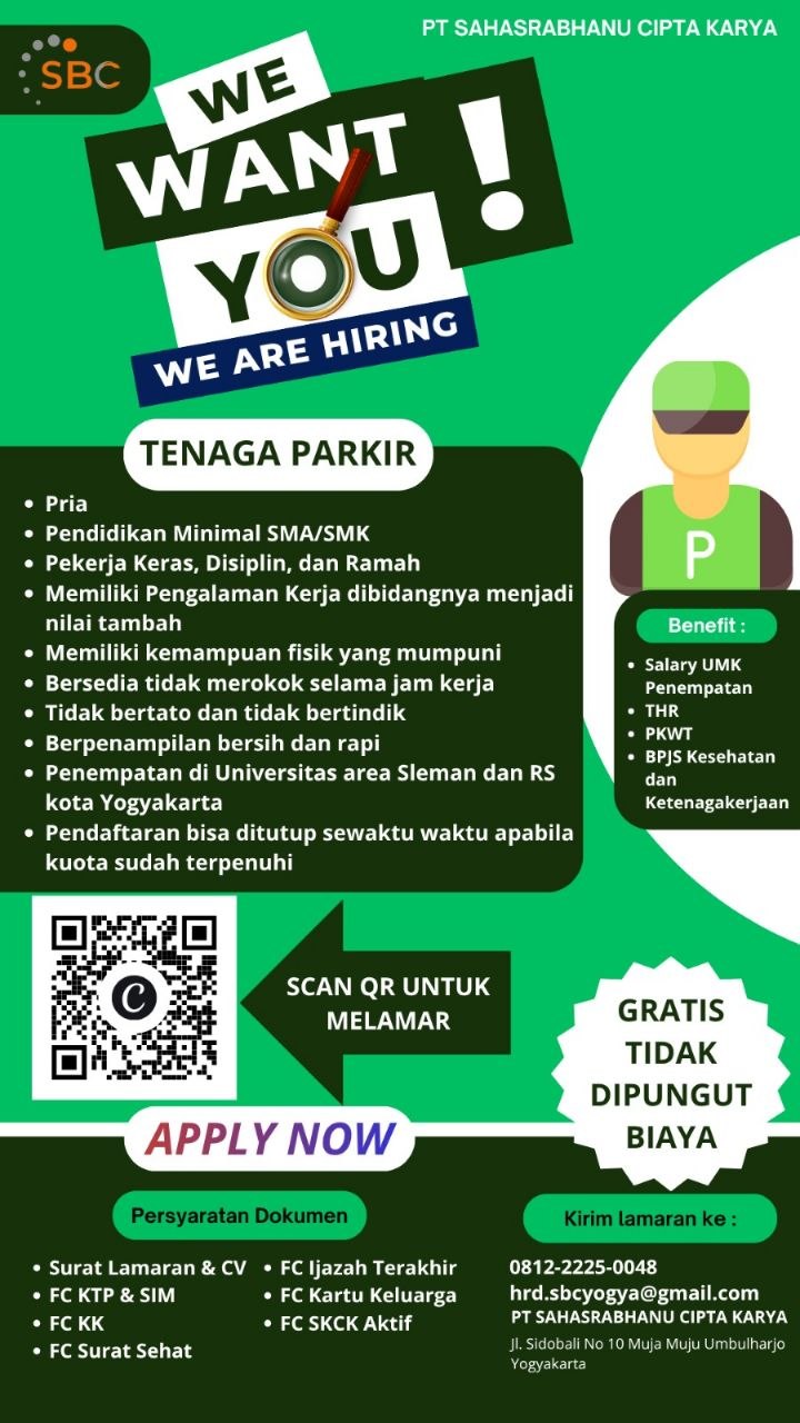 Poster lowongan PT SAHASRABHANU CIPTA KARYA