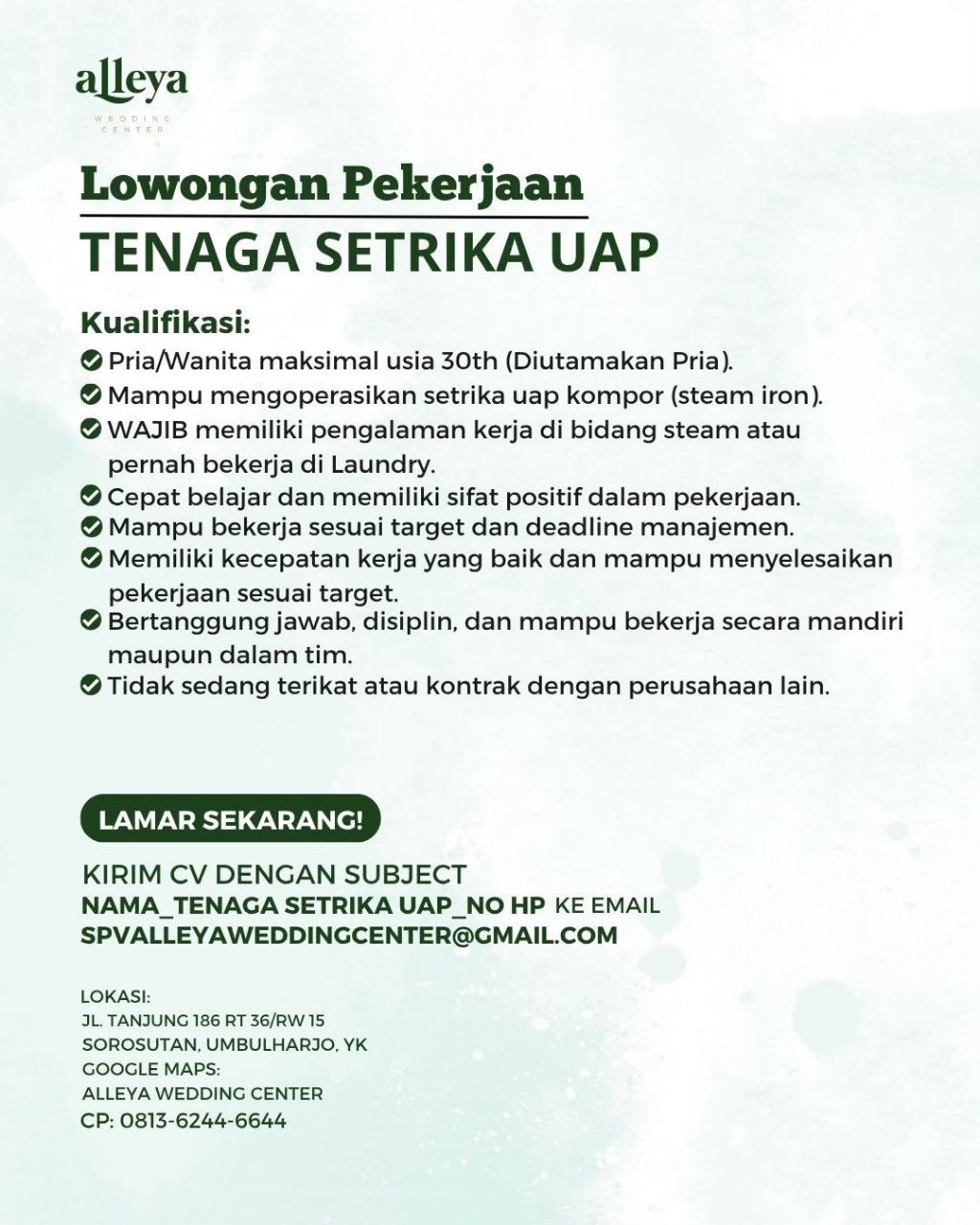 Poster lowongan Alleya Wedding Center
