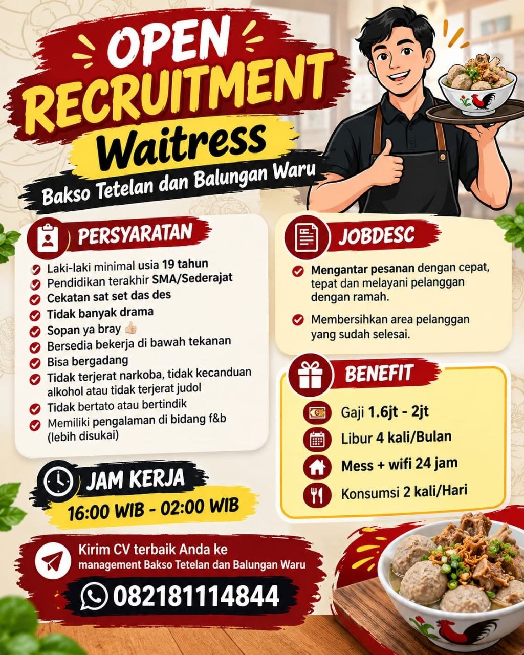 Poster lowongan Bakso Tetelan dan Balungan Waru